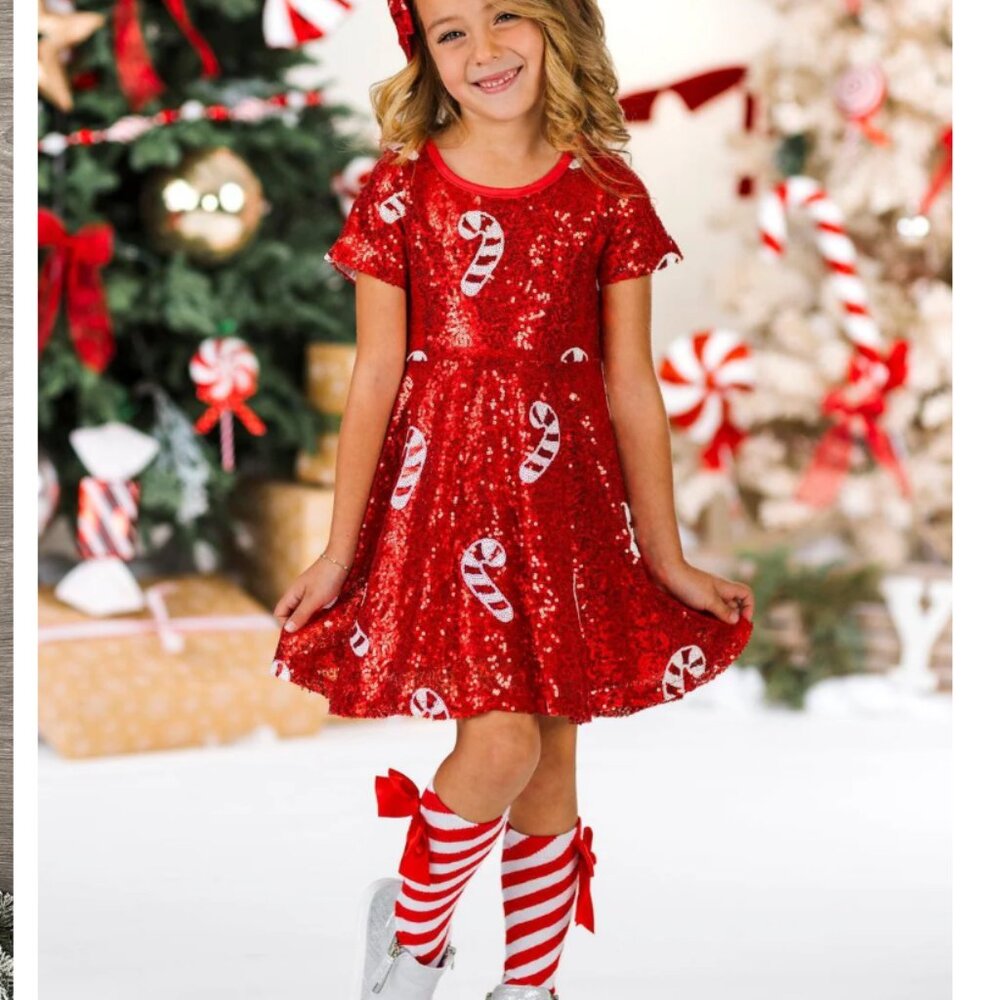 Sparkle in Pink Red Sequin Candy Cane Dress Sister Set Sizes 8/9  10/12